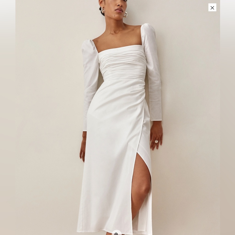 Reformation Isaac white cotton midi dress with side wrap slit. Size 8. NWT